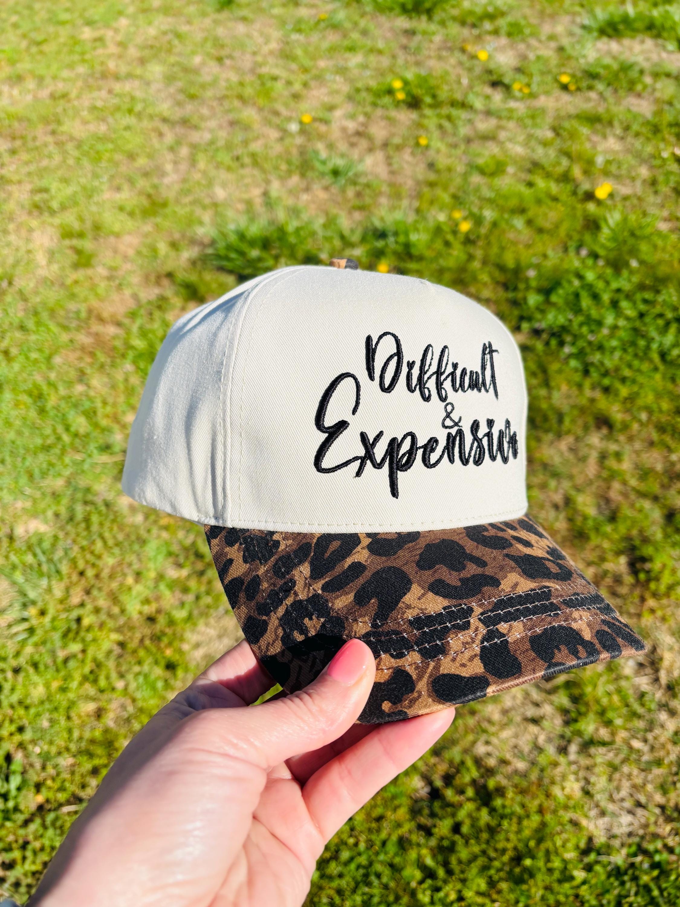 Difficult and Expensive Embroidered Ball Cap with Leopard Print Bill  Adjustable Snap Back Hat