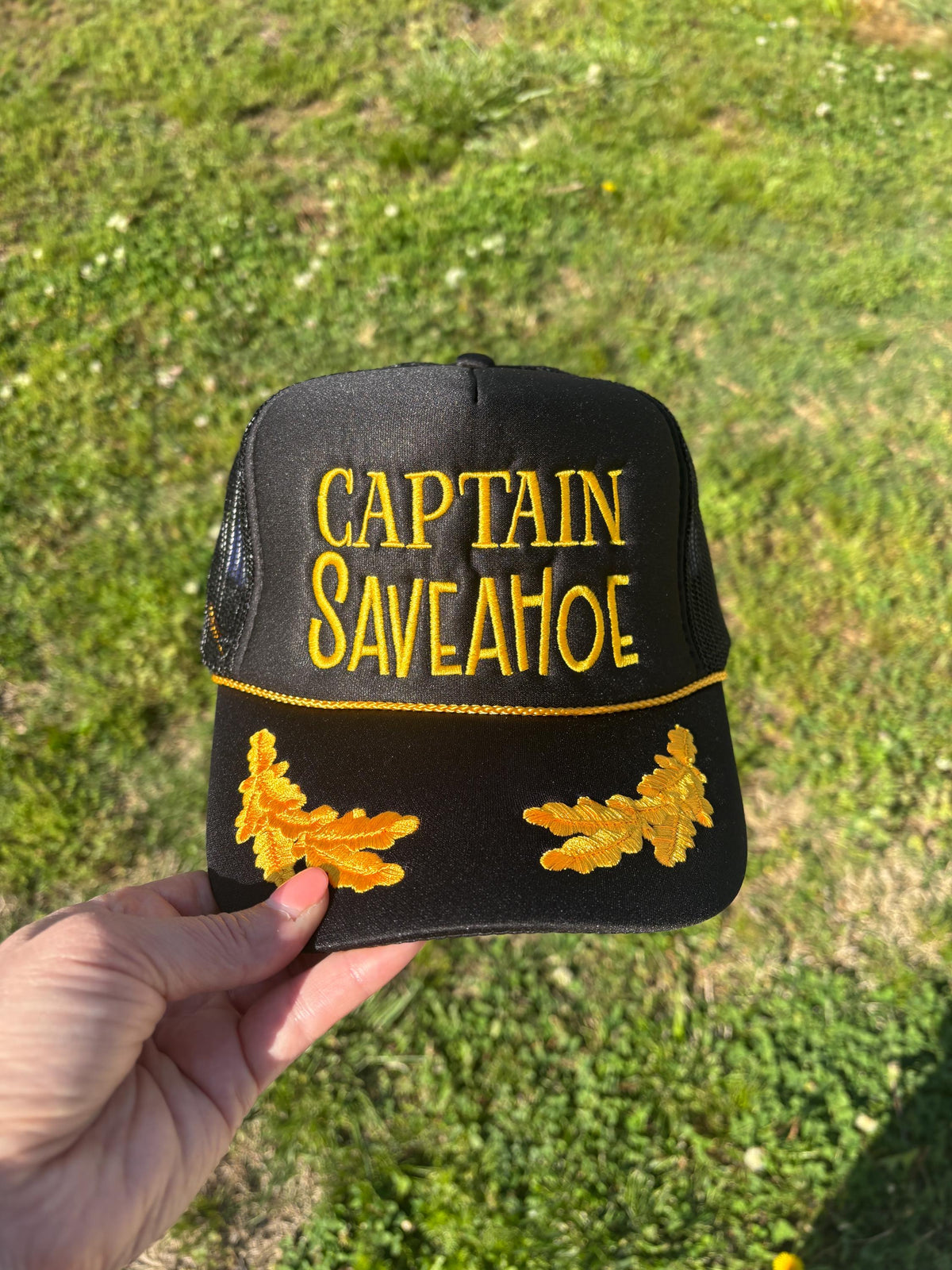 Embroidered Trucker Hat: Captain Save A Hoe, Adjustable Snapback, Rope Detail
