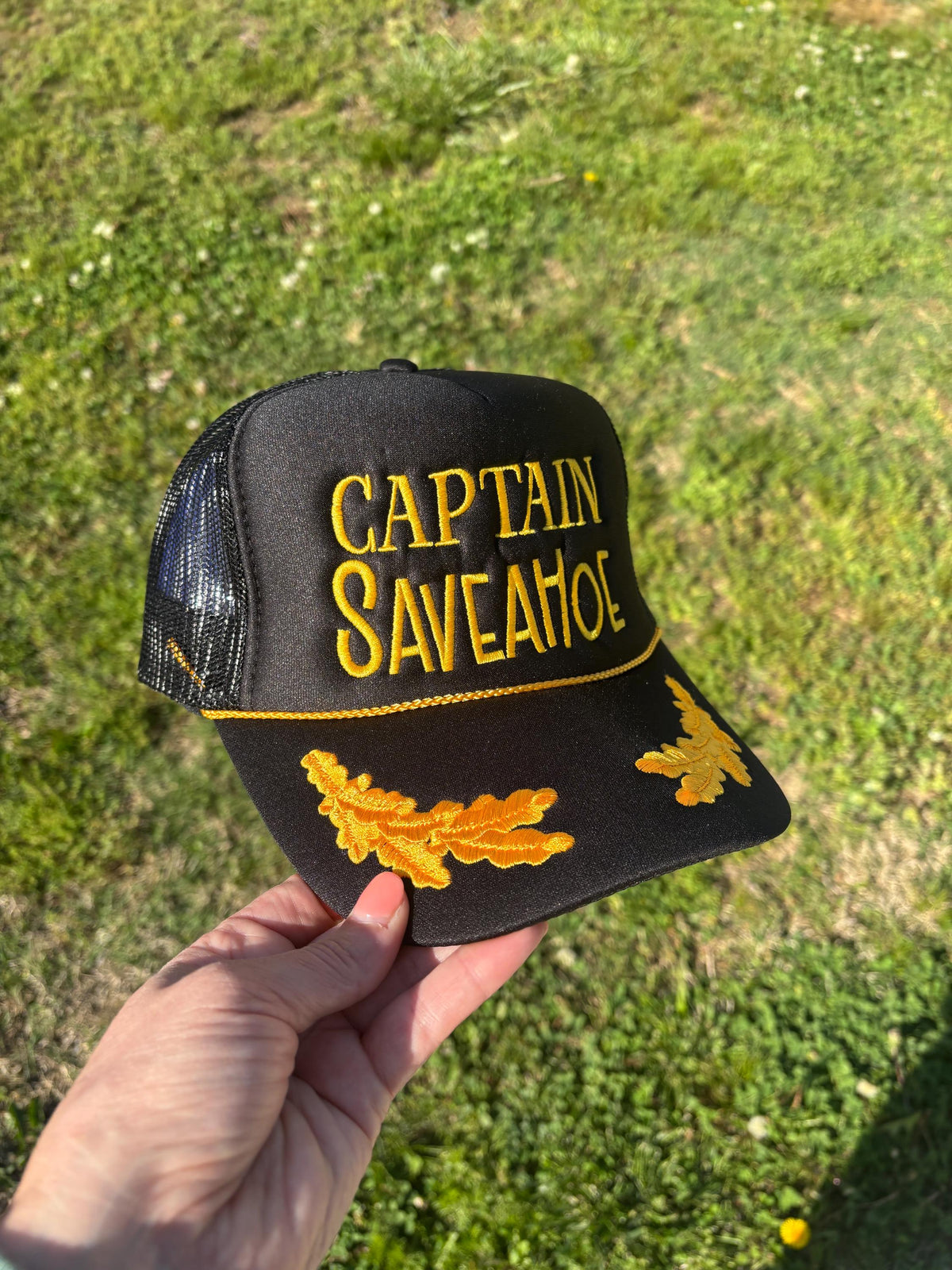 Embroidered Trucker Hat: Captain Save A Hoe, Adjustable Snapback, Rope Detail
