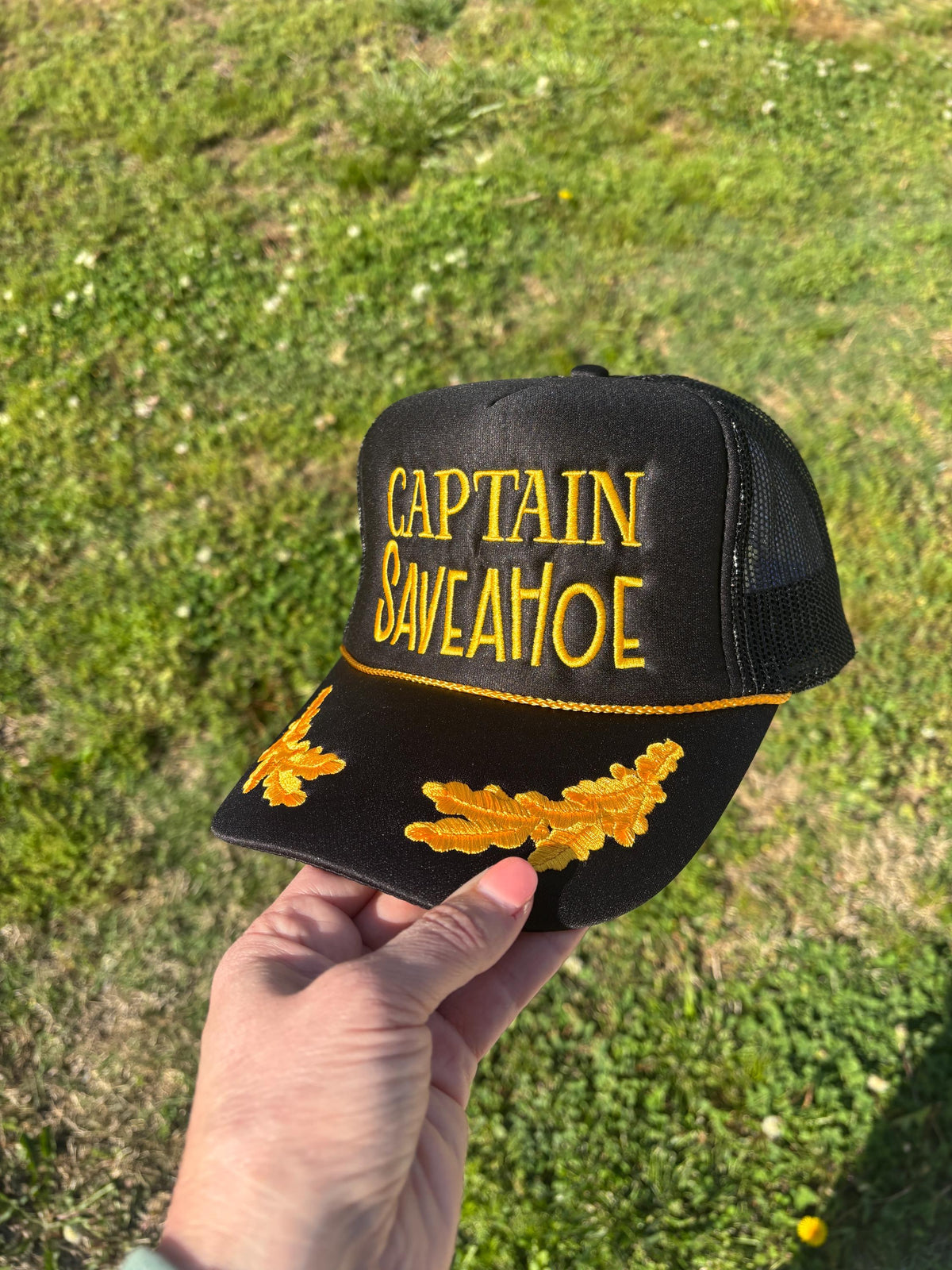 Embroidered Trucker Hat: Captain Save A Hoe, Adjustable Snapback, Rope Detail