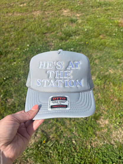 Custom Embroidered Trucker Hat: "He's At The Station" Fire Wife Gift - Choose Style, Color