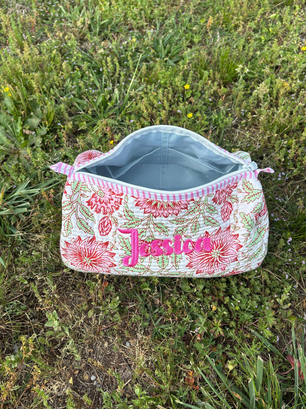 Floral Quilted Cosmetic Makeup Pouch Bag or Mahjong Tile Bag with Custom Name Embroidery - Any Thread Color