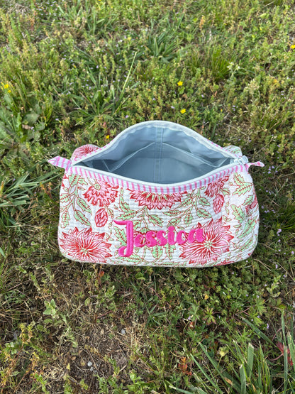 Floral Quilted Cosmetic Makeup Pouch Bag or Mahjong Tile Bag with Custom Name Embroidery - Any Thread Color