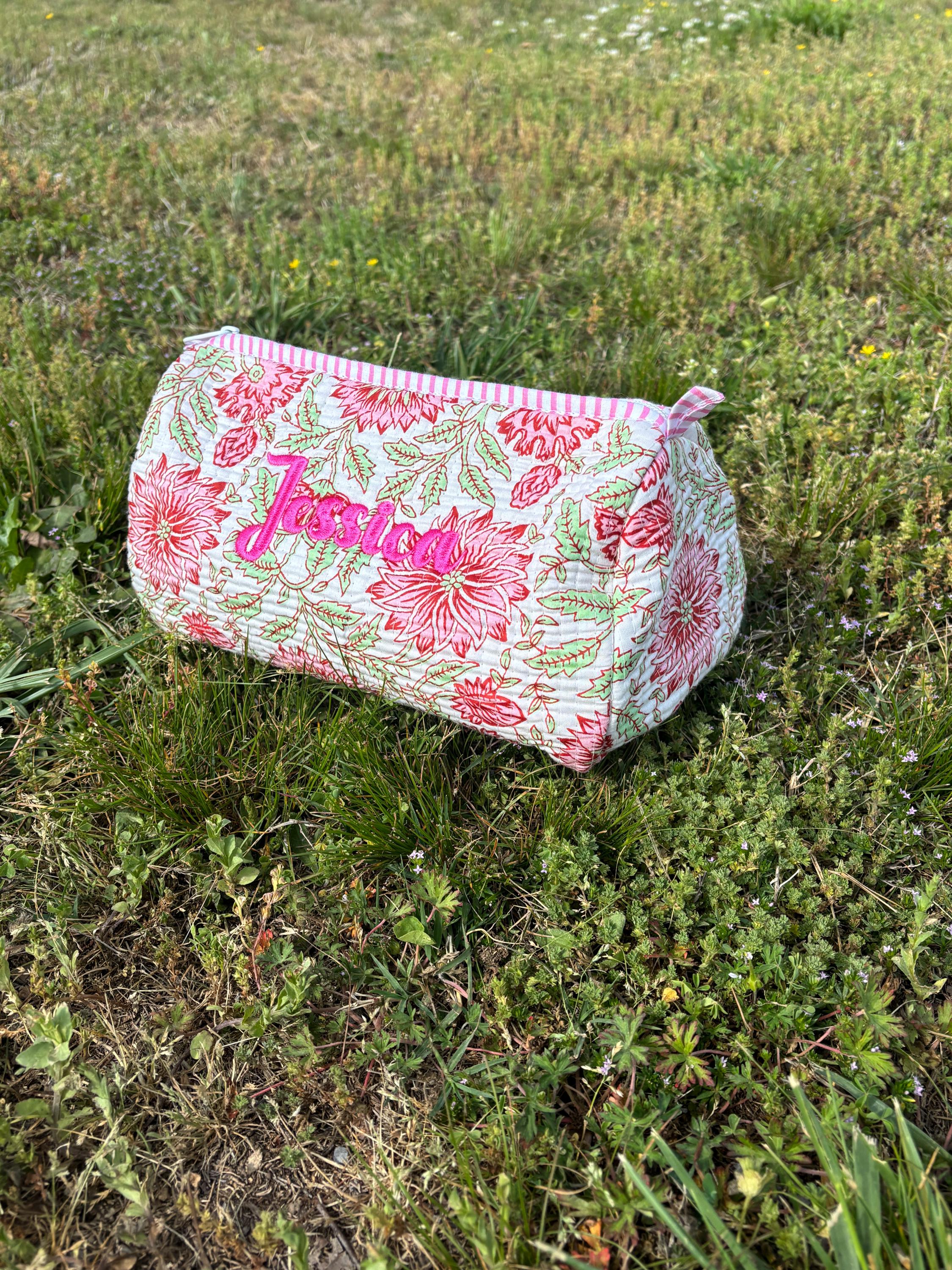 Floral Quilted Cosmetic Makeup Pouch Bag or Mahjong Tile Bag with Custom Name Embroidery - Any Thread Color