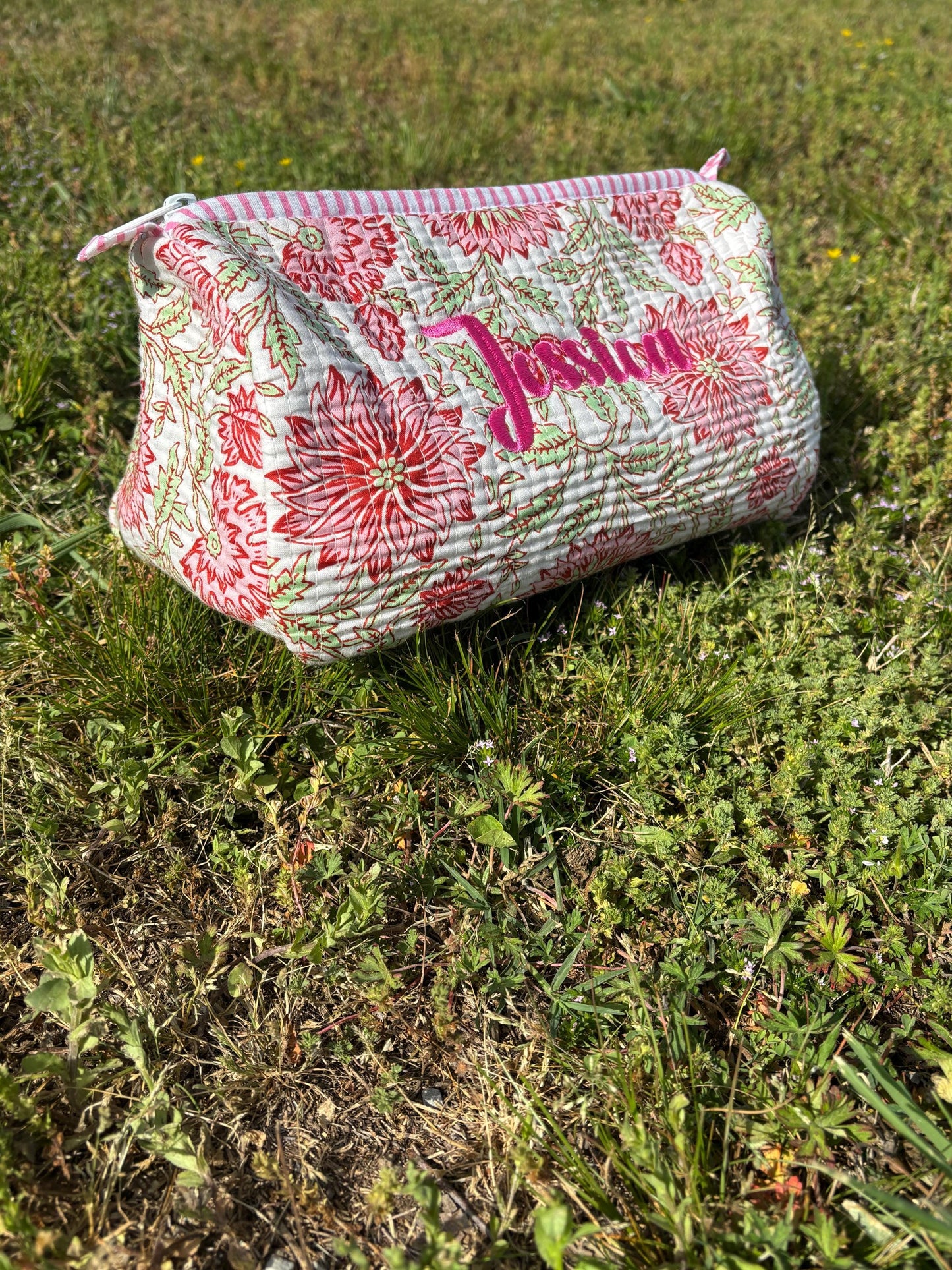 Floral Quilted Cosmetic Makeup Pouch Bag or Mahjong Tile Bag with Custom Name Embroidery - Any Thread Color
