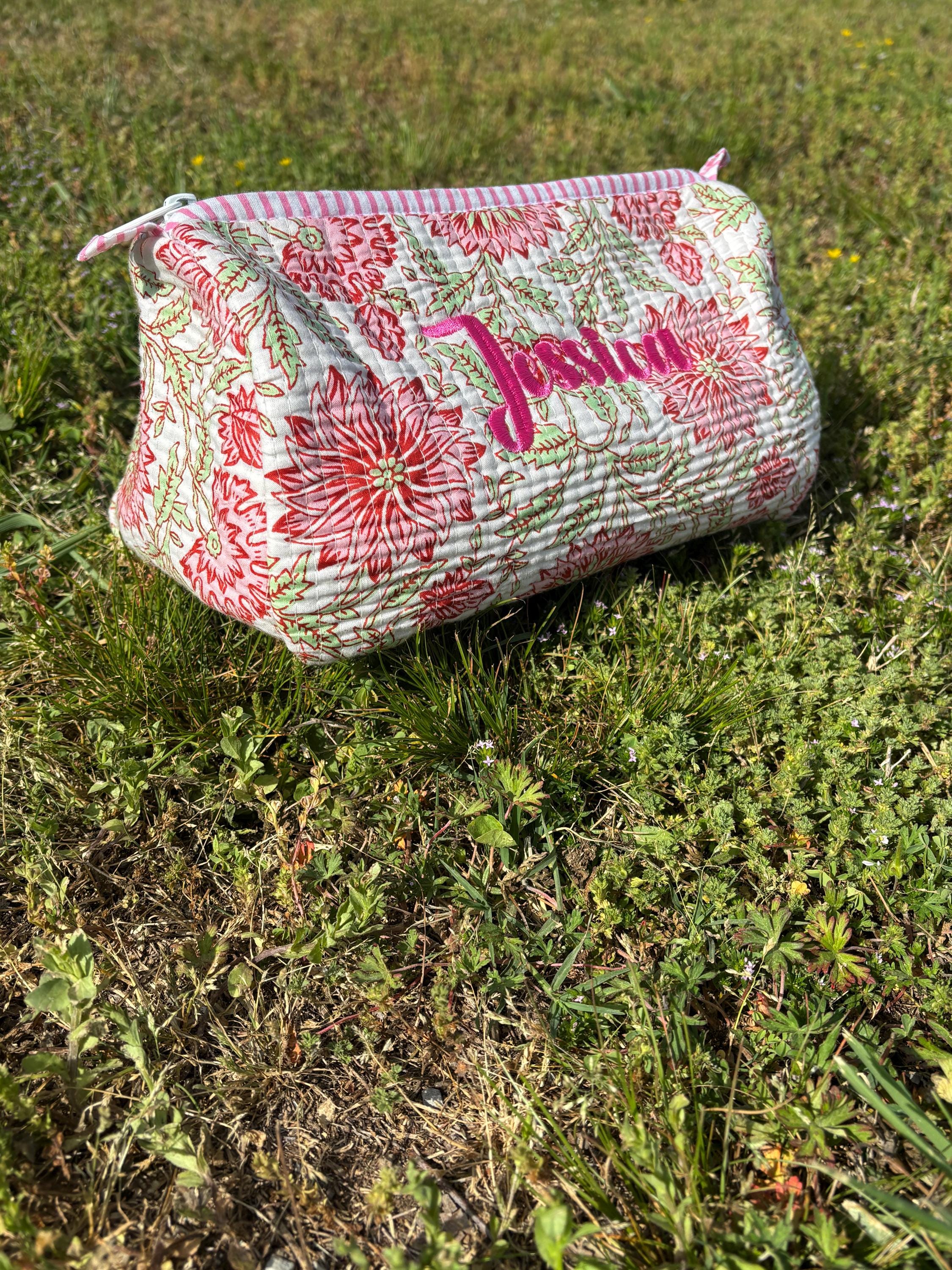 Floral Quilted Cosmetic Makeup Pouch Bag or Mahjong Tile Bag with Custom Name Embroidery - Any Thread Color