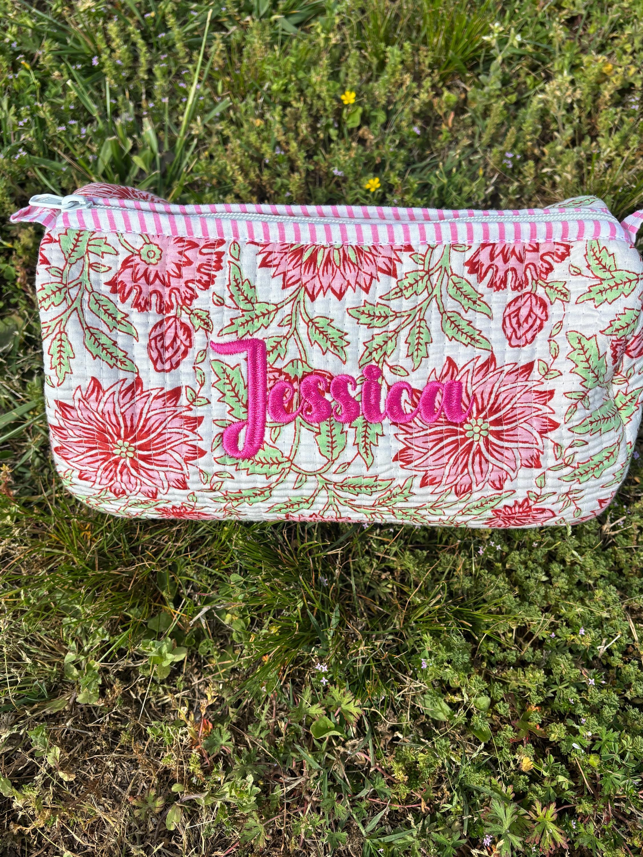 Floral Quilted Cosmetic Makeup Pouch Bag or Mahjong Tile Bag with Custom Name Embroidery - Any Thread Color