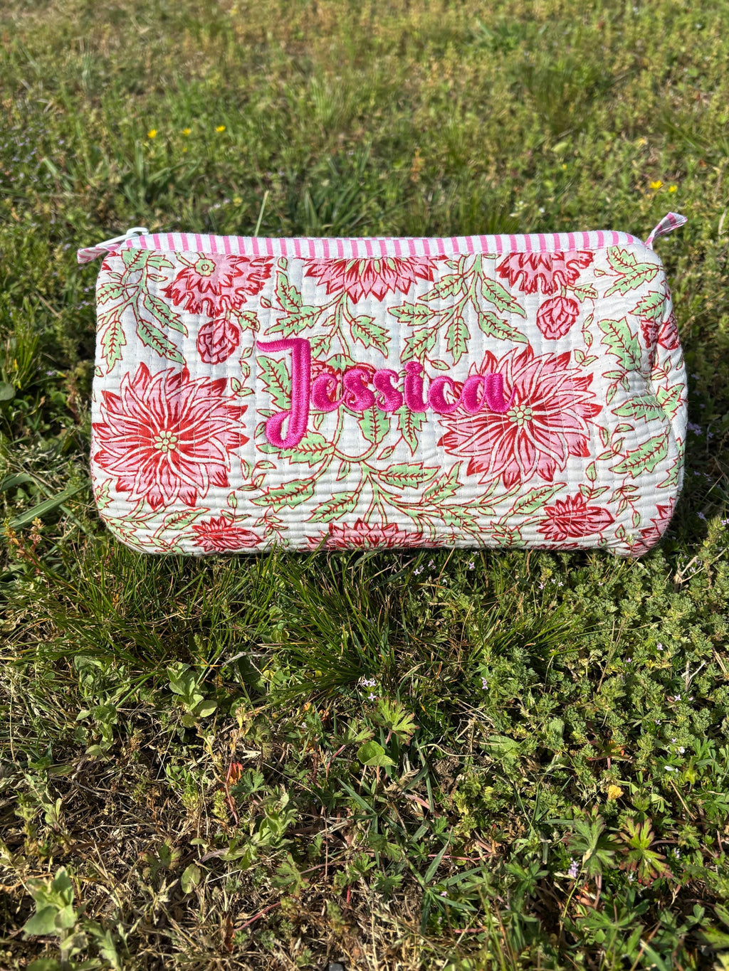 Floral Quilted Cosmetic Makeup Pouch Bag or Mahjong Tile Bag with Custom Name Embroidery - Any Thread Color