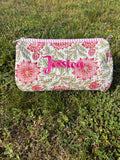Floral Quilted Cosmetic Makeup Pouch Bag or Mahjong Tile Bag with Custom Name Embroidery - Any Thread Color