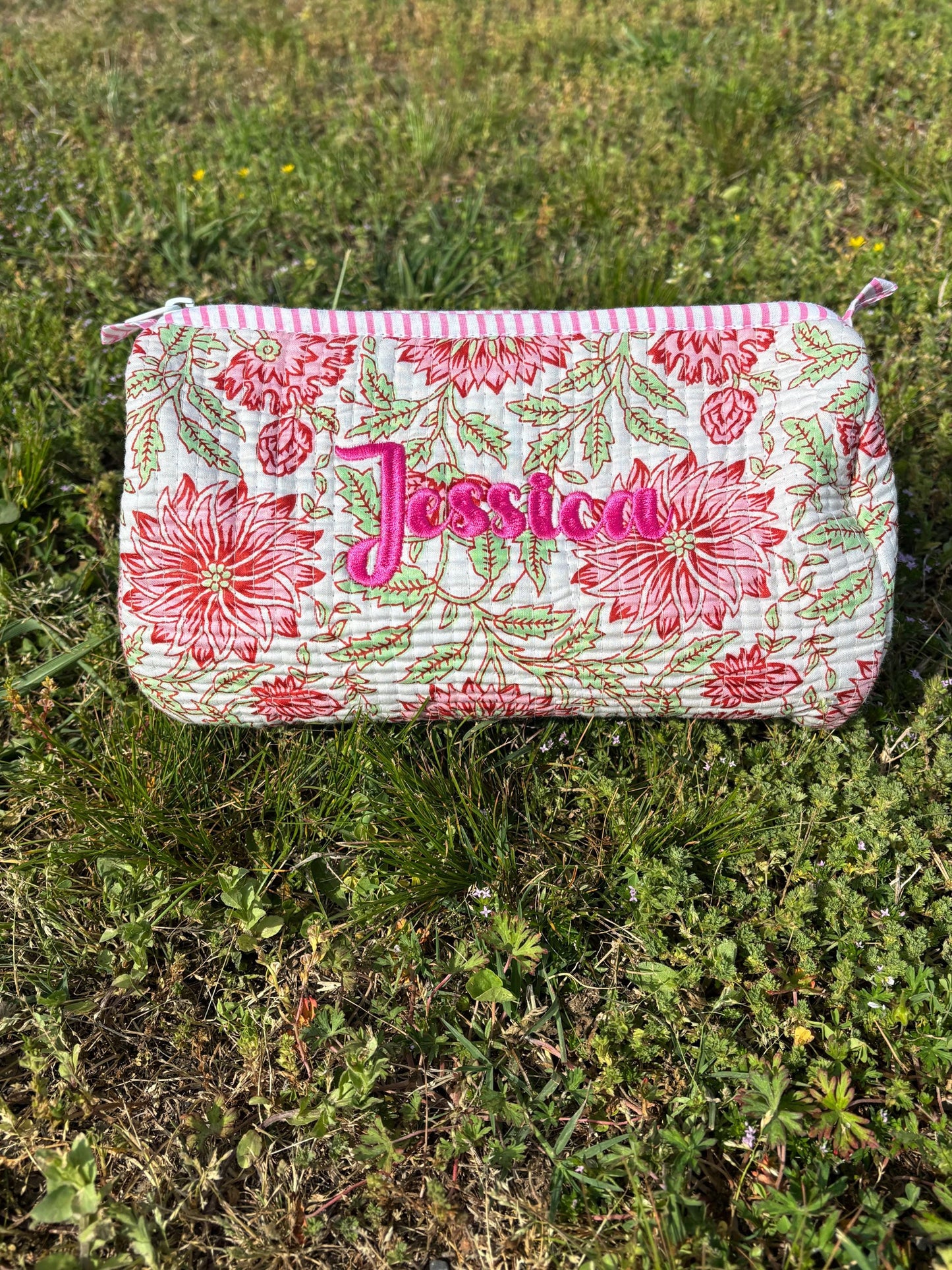 Floral Quilted Cosmetic Makeup Pouch Bag or Mahjong Tile Bag with Custom Name Embroidery - Any Thread Color