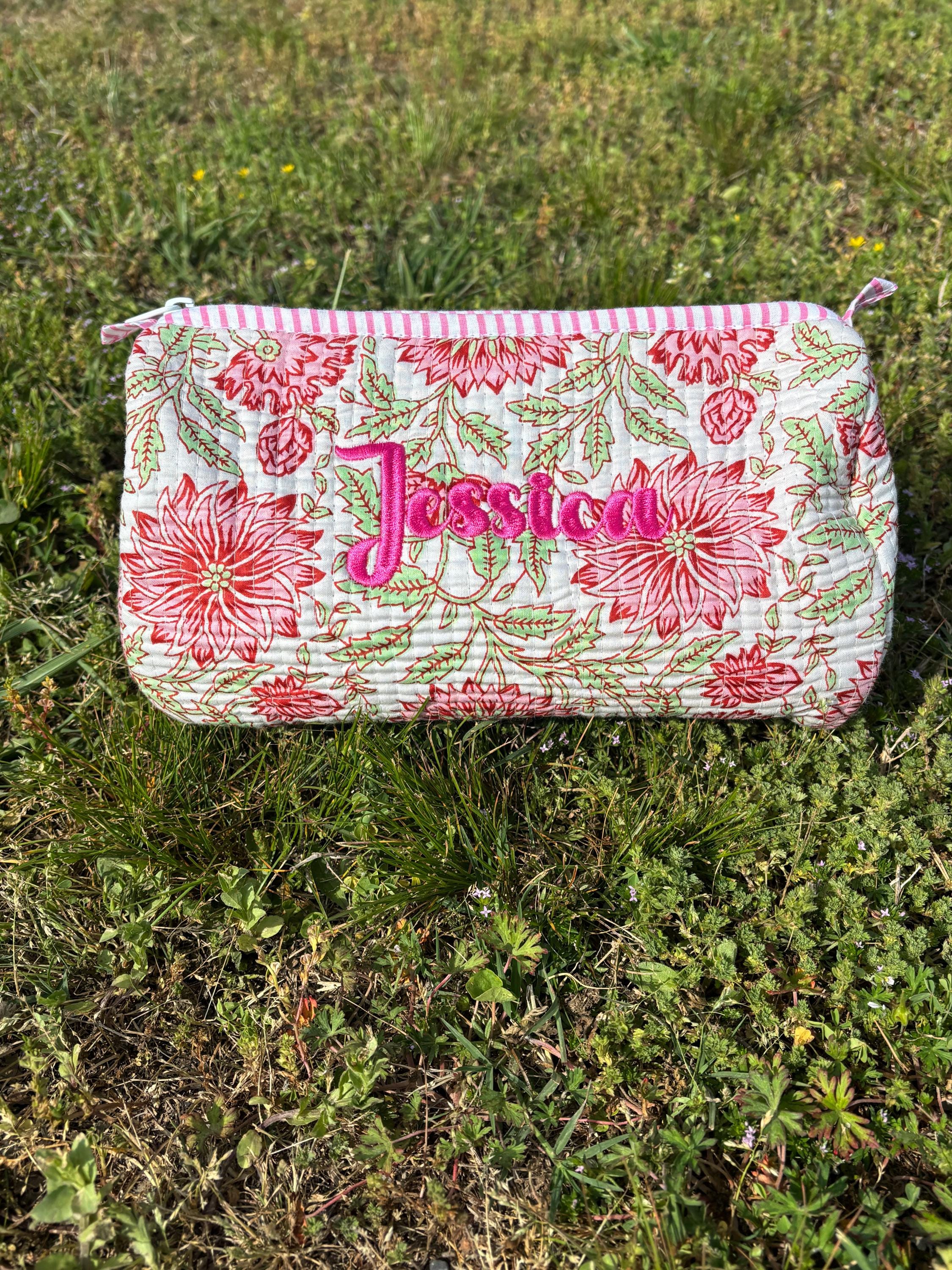 Floral Quilted Cosmetic Makeup Pouch Bag or Mahjong Tile Bag with Custom Name Embroidery - Any Thread Color