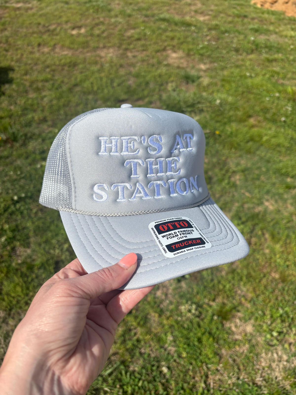 Custom Embroidered Trucker Hat: "He's At The Station" Fire Wife Gift - Choose Style, Color