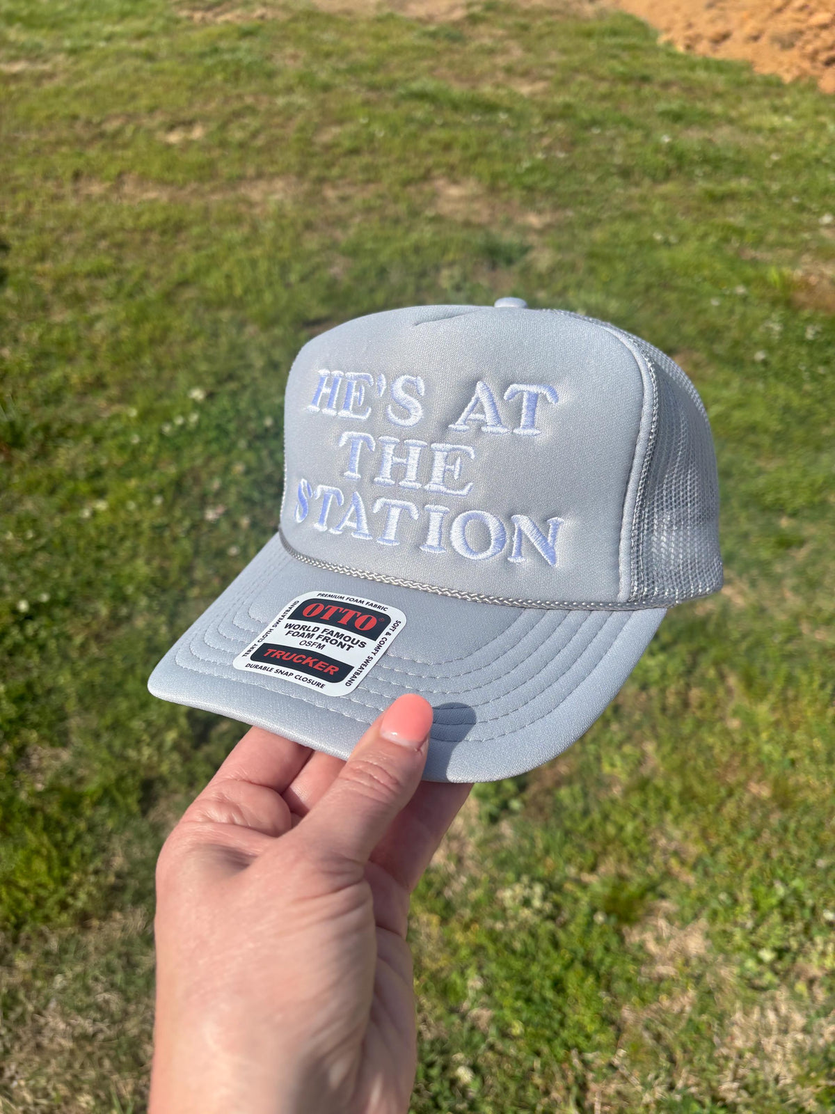 Custom Embroidered Trucker Hat: "He's At The Station" Fire Wife Gift - Choose Style, Color