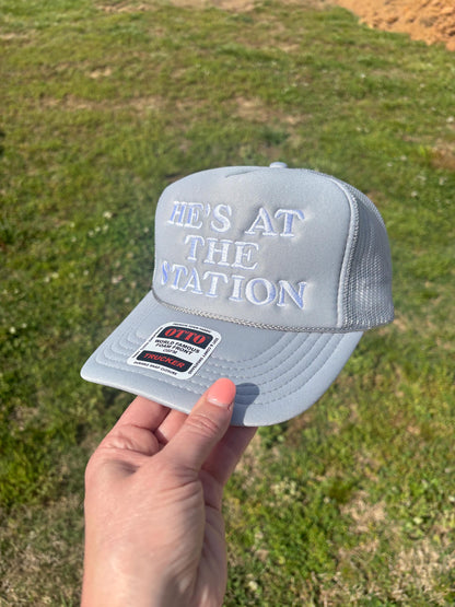 Custom Embroidered Trucker Hat: "He's At The Station" Fire Wife Gift - Choose Style, Color