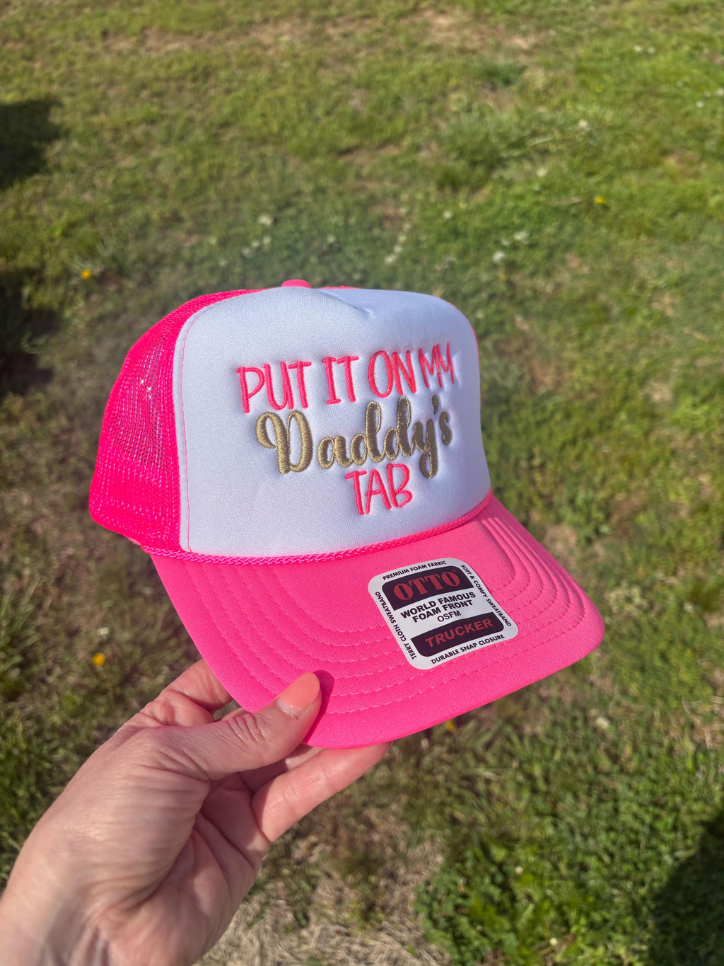 Choose Your Hat Style Put It On My Dad or Daddys Tab Hat Foam Front Rope Trucker Hat with Adjustable Snap Back