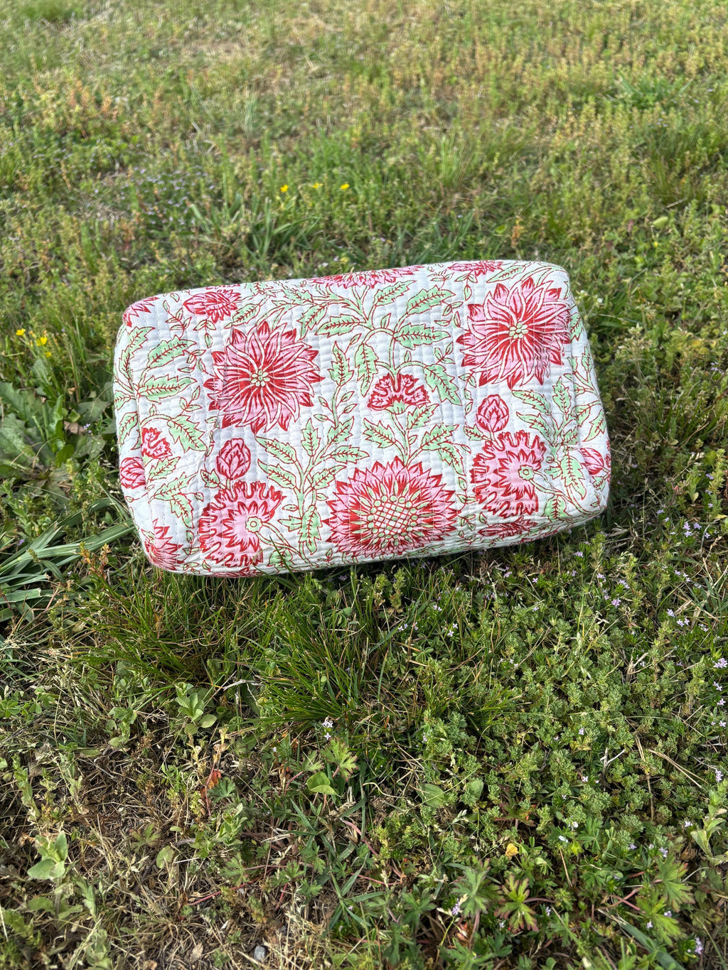 Floral Quilted Cosmetic Makeup Pouch Bag or Mahjong Tile Bag with Custom Name Embroidery - Any Thread Color