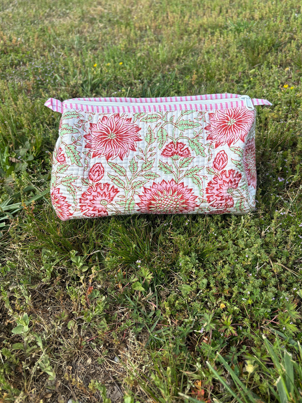 Floral Quilted Cosmetic Makeup Pouch Bag or Mahjong Tile Bag with Custom Name Embroidery - Any Thread Color
