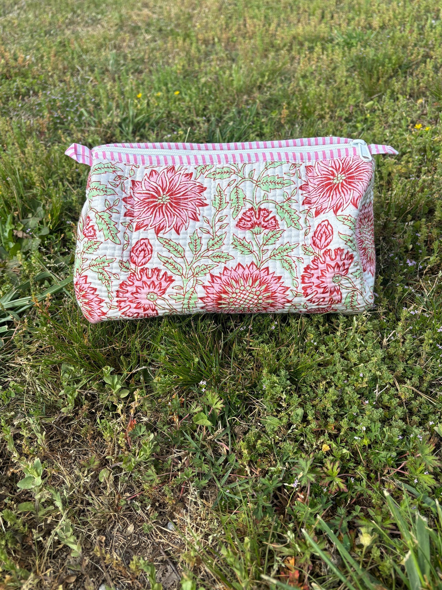 Floral Quilted Cosmetic Makeup Pouch Bag or Mahjong Tile Bag with Custom Name Embroidery - Any Thread Color