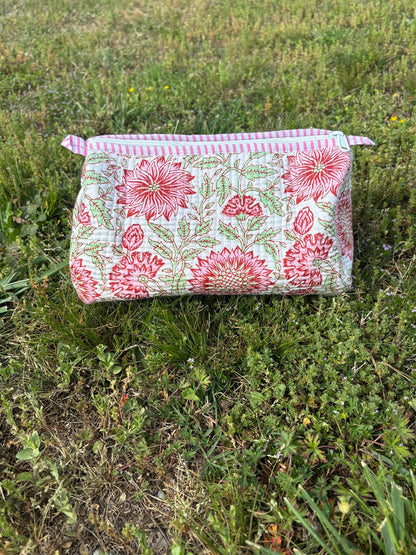 Floral Quilted Cosmetic Makeup Pouch Bag or Mahjong Tile Bag with Custom Name Embroidery - Any Thread Color