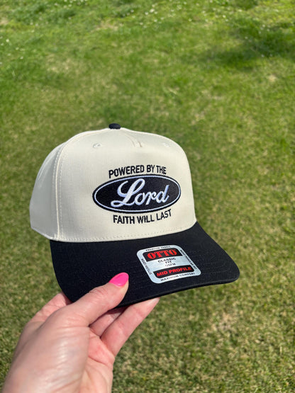 Embroidered Powered By The Lord Ball Cap Choose Your Bill and Thread Color  Adjustable Snap Back