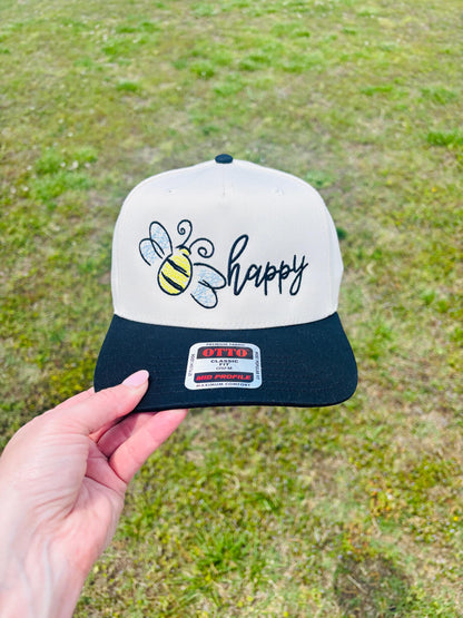 Bee Happy Ball Cap with Adjustable Snap Back Bumble Bee Hat