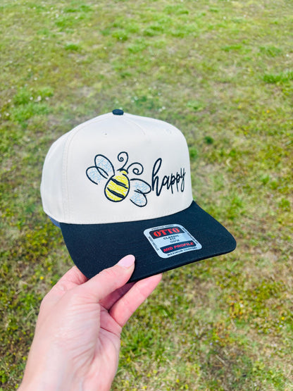 Bee Happy Ball Cap with Adjustable Snap Back Bumble Bee Hat