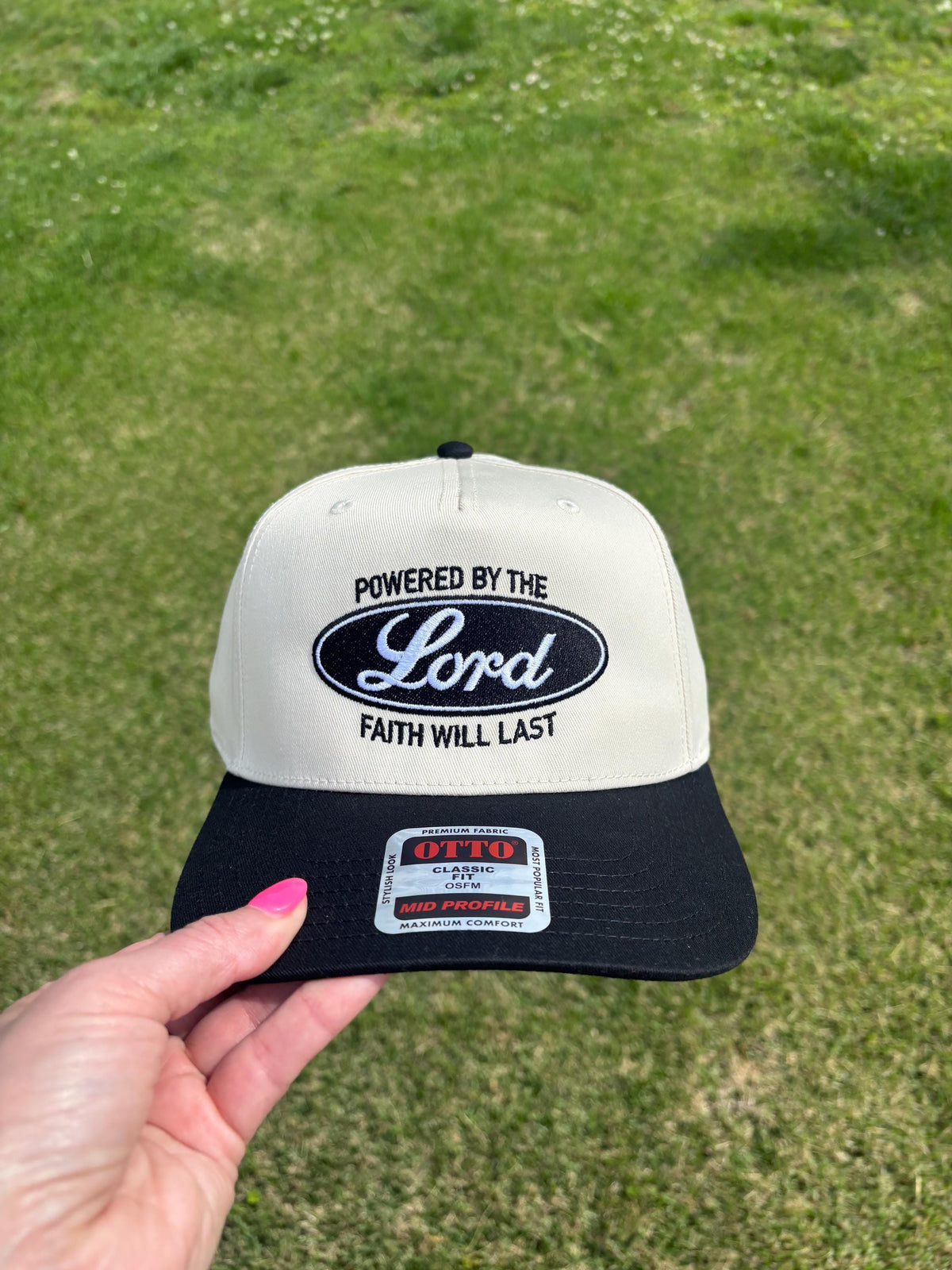 Embroidered Powered By The Lord Ball Cap Choose Your Bill and Thread Color  Adjustable Snap Back