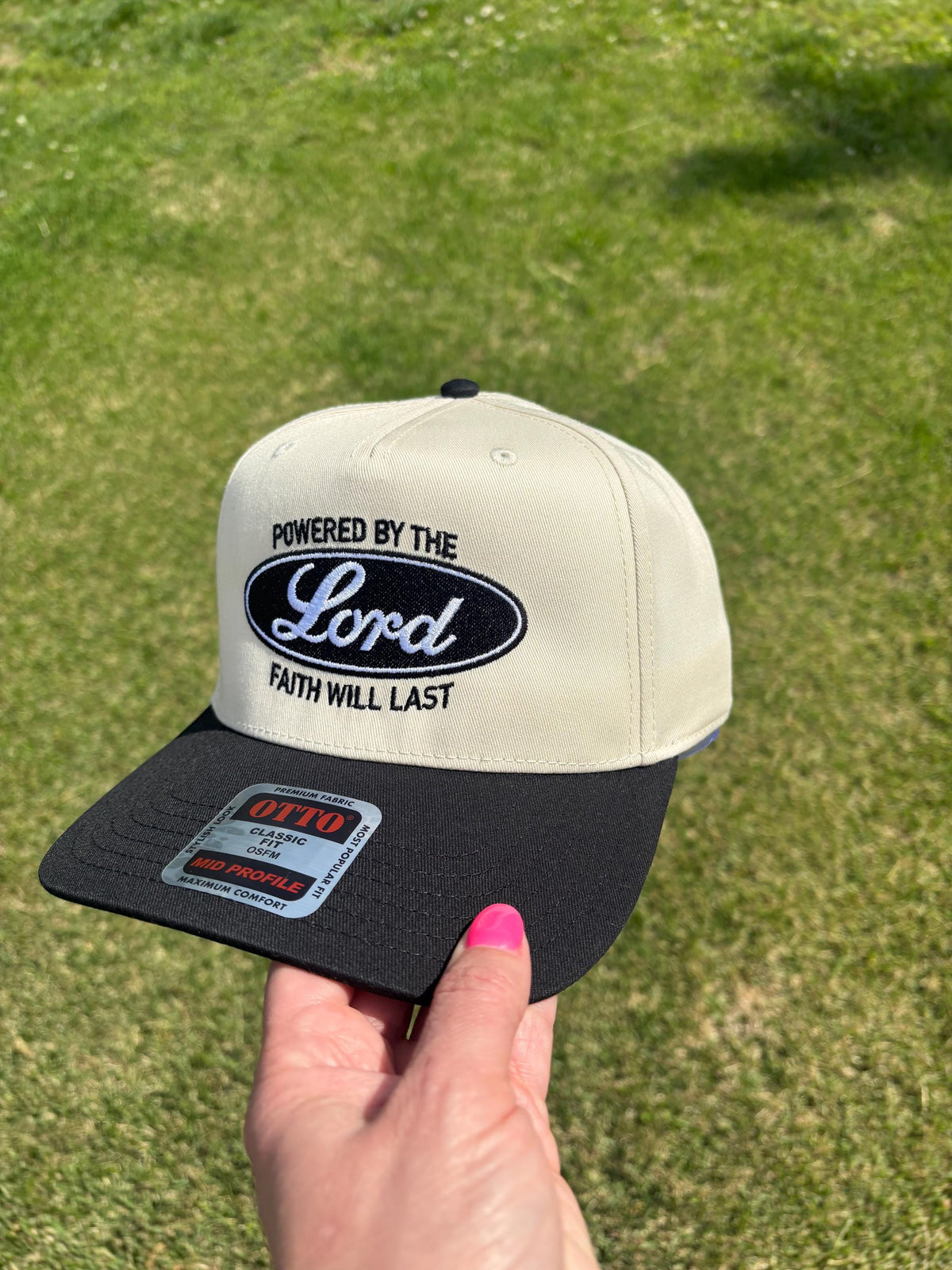 Embroidered Powered By The Lord Ball Cap Choose Your Bill and Thread Color  Adjustable Snap Back