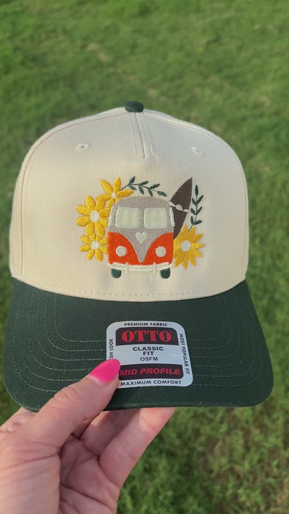 Groovy Hippie Bus with Flower |  Front Trucker Hat with Adjustable Snap Back
