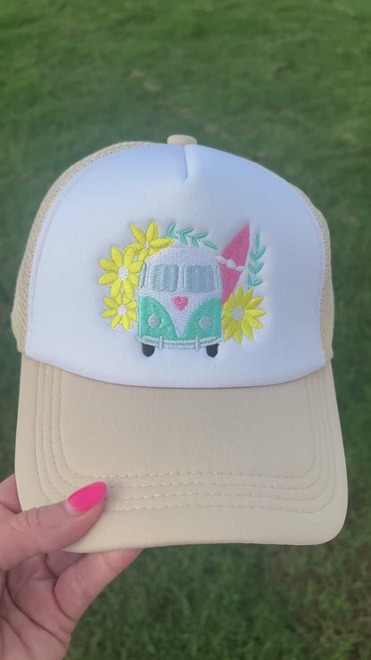 Cute Hippie Bus with Daisy Flowers |   Front Trucker Hat with Adjustable Snap Back