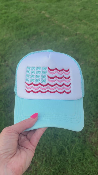 Coquette Bow Flag America 4th of July Embroidered Foam Front Trucker Hat with Adjustable Snap Back