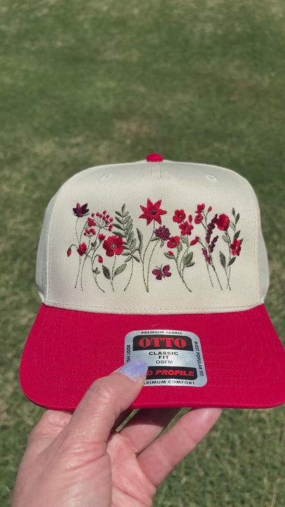Red Wildflowers Canvas Hat with Adjustable Snap Back